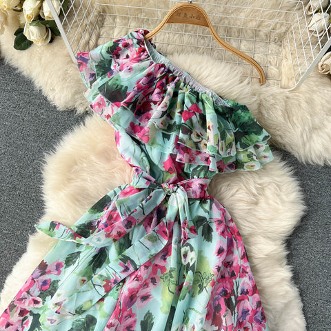 Irregular Lace-up Slant-shoulder Chiffon Floral Dress