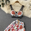 Lace Camisole&Printed Pleated Skirt 2Pcs