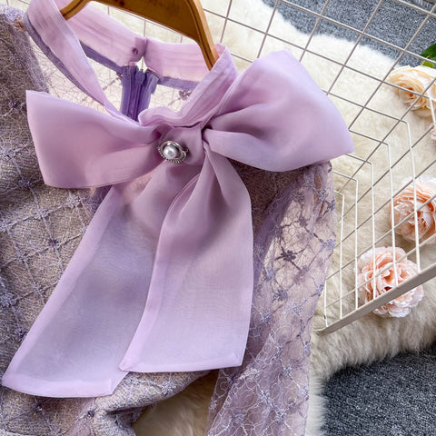 Beaded Embroidered Mesh Bow Dress