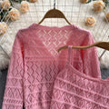 V-neck Knitted Cardigan&Hollow Vest 2Pcs