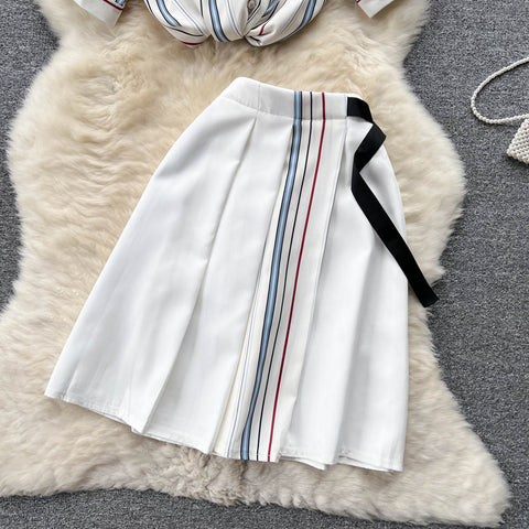 Short-sleeved Shirt&High-waist Skirt Striped 2Pcs