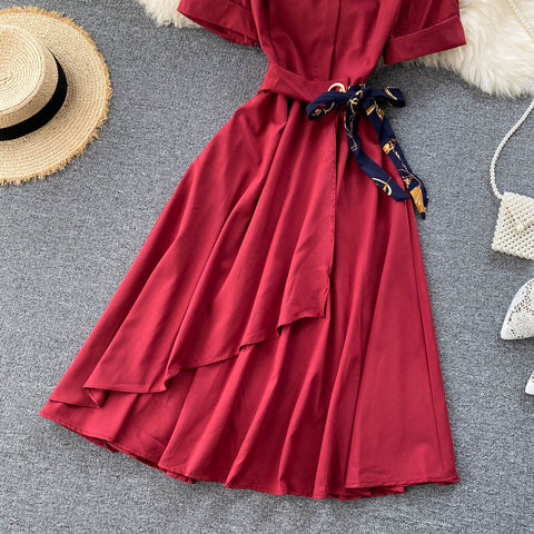 Irregular A-Line Belted Waist Dress