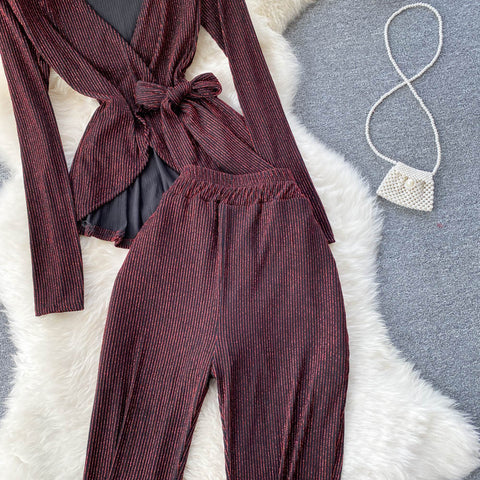 Pit-striped Lace-up Cardigan&Trousers 2Pcs