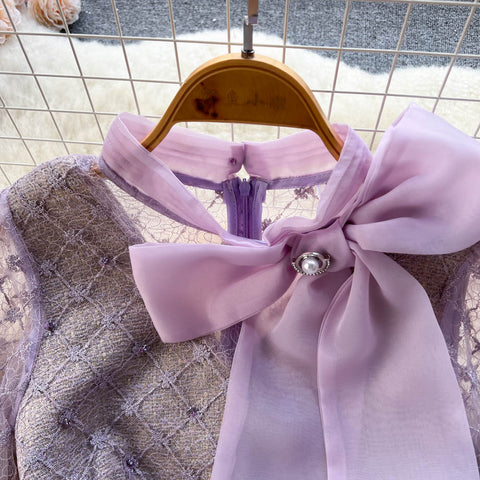 Beaded Embroidered Mesh Bow Dress