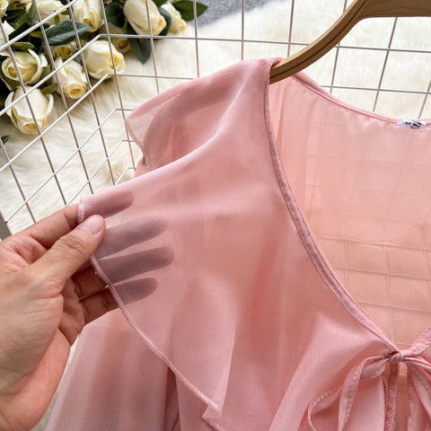 French Style V-neck Lace-up Blouse
