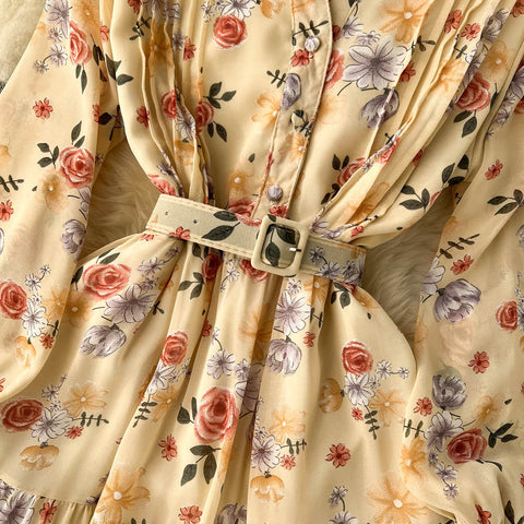 V-neck Chiffon Floral Long-sleeve Dress