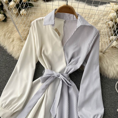 Colorblock Striped Lapel Tie Waist Shirt