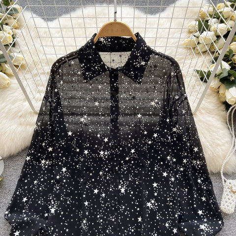 Printed Embroidered Shiny Star Ruffled Shirt