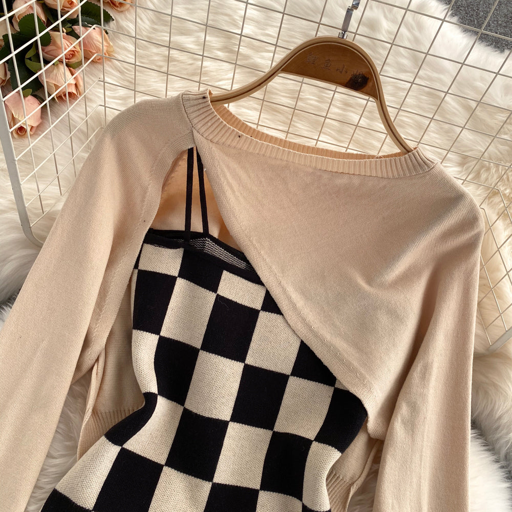Two-piece Checkerboard Strap & Knitted Blouse– irococo