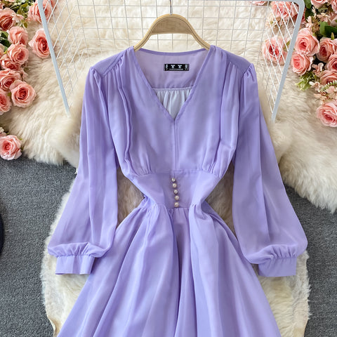 Puff Sleeve High Waist V Neck Chiffon Dress