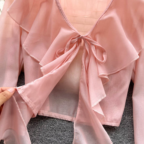 French Style V-neck Lace-up Blouse