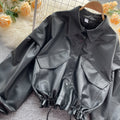 Short Drawstring Waist Leather Jacket