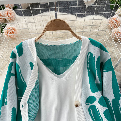 Letter Printed Cardigan&Vest&Trousers