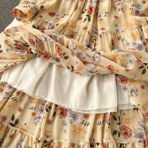 V-neck Chiffon Floral Long-sleeve Dress