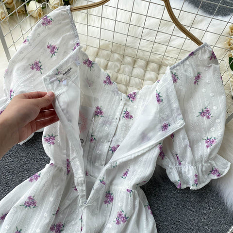 Puff Sleeve Print Buttoned Dress