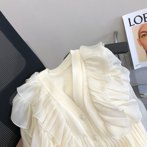 Sweet Ruffle-trimmed Patchwork Cardigan