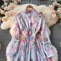 Lace Stand Collar Floral Chiffon Dress