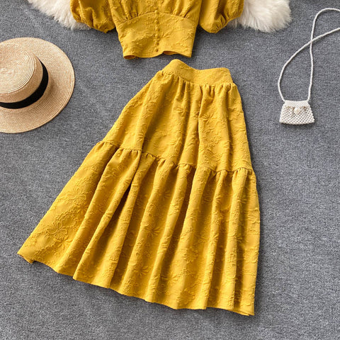 Two-piece Puff Sleeve Short Top And Skirt