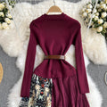 Waist Contrast Pleated Knitted Dress