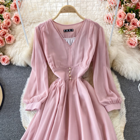 Puff Sleeve High Waist V Neck Chiffon Dress