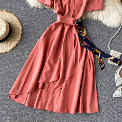 Irregular A-Line Belted Waist Dress