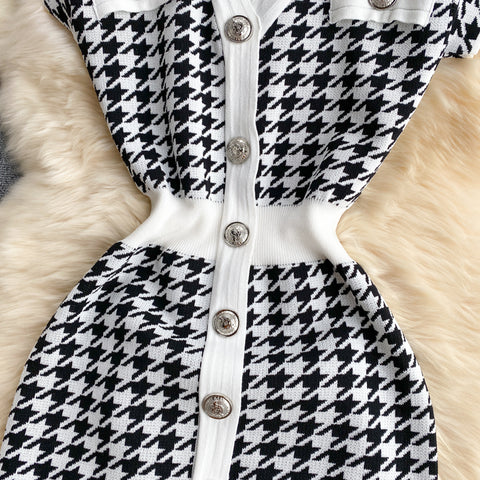Single Breasted Houndstooth Knitted Dress