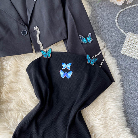 Embroidered Butterfly Blazer&Halter Dress 2PCS