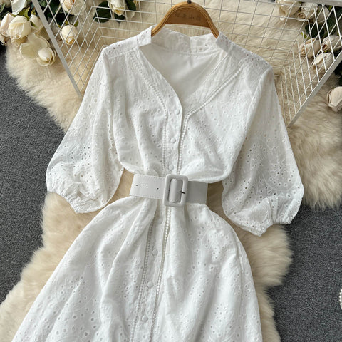 Frock With Hollow V-neck And Bubble Sleeves