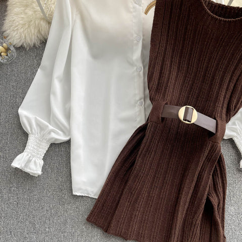 Loose White Shirt & Knit Vest Two-Piece Set