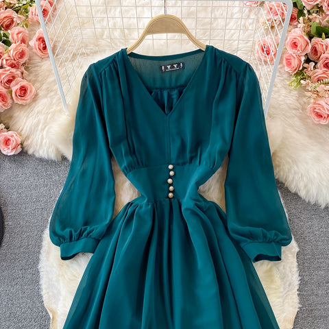 Puff Sleeve High Waist V Neck Chiffon Dress