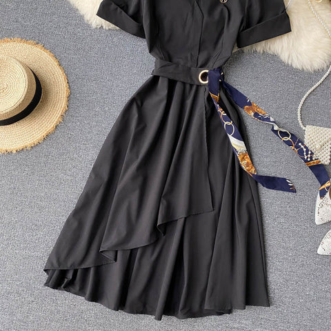 Irregular A-Line Belted Waist Dress