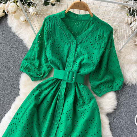 Frock With Hollow V-neck And Bubble Sleeves