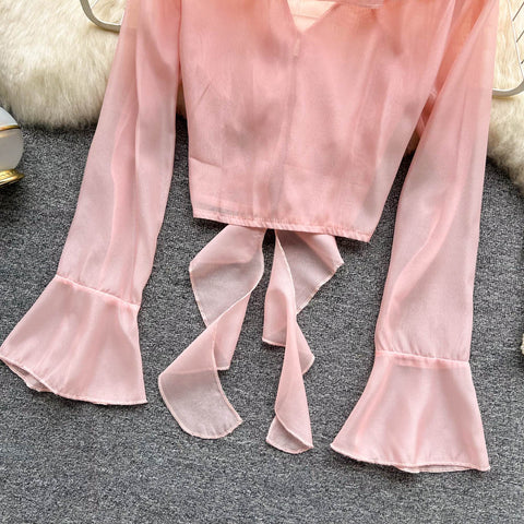 French Style V-neck Lace-up Blouse