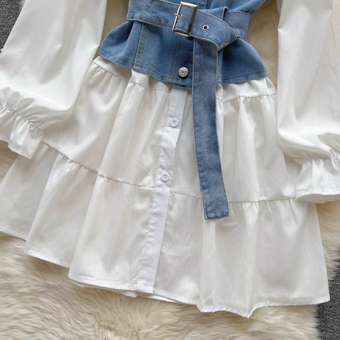 White Shirt Dress&Denim Camisole 2Pcs