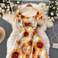 Tie-dye Printed Square Neck Puff Sleeve Dress