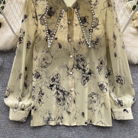 Courtly Beaded Floral Print Blouse
