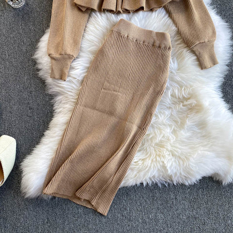 Off-the-shoulder Top&Skirt Knitted 2Pcs