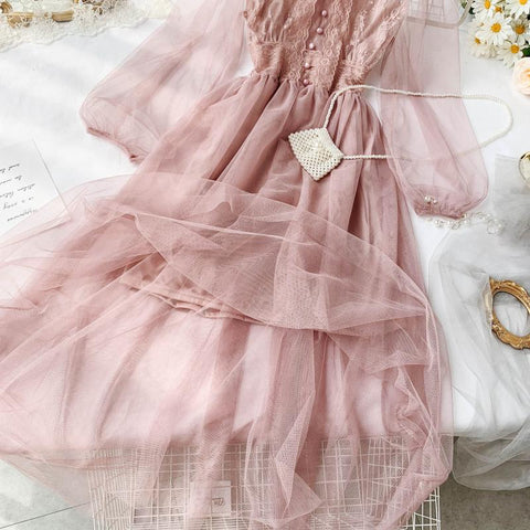 Sweet Puffy Sleeves Layered Lace Dress