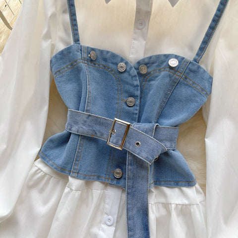 White Shirt Dress&Denim Camisole 2Pcs