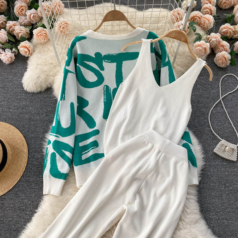 Letter Printed Cardigan&Vest&Trousers