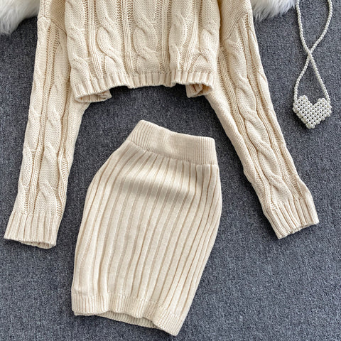 Turtleneck Cropped Sweater & Knitted Skirt Two-piece Suit