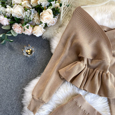 Off-the-shoulder Top&Skirt Knitted 2Pcs