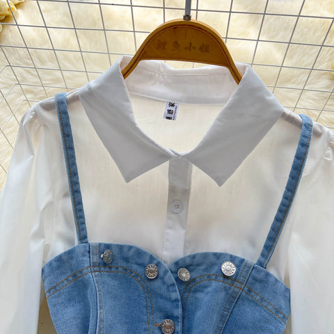 White Shirt Dress&Denim Camisole 2Pcs