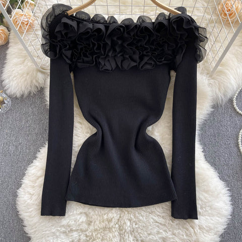 Off-the-shoulder 3d Floral Knitted Top