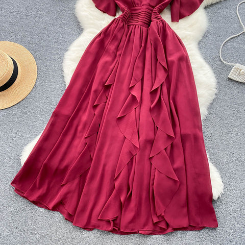 Solid Color V-neck Ruffled Dress
