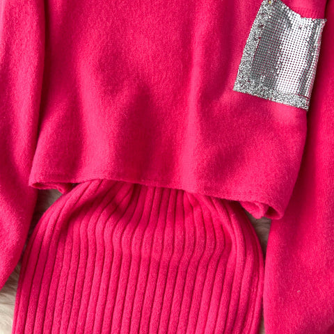 Sequin Pocket Sweater&Slip Dress 2Pcs