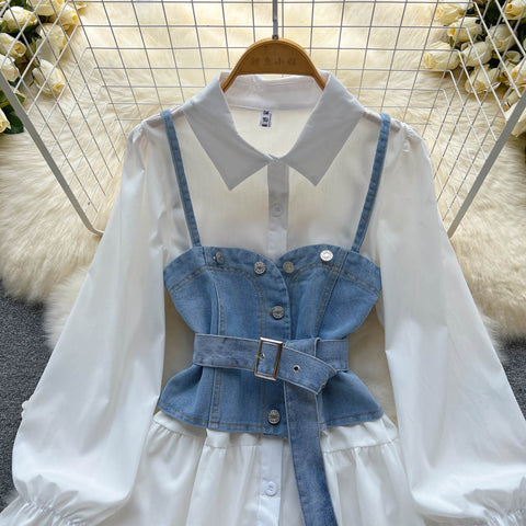 White Shirt Dress&Denim Camisole 2Pcs