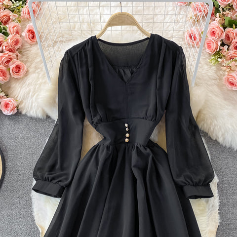 Puff Sleeve High Waist V Neck Chiffon Dress