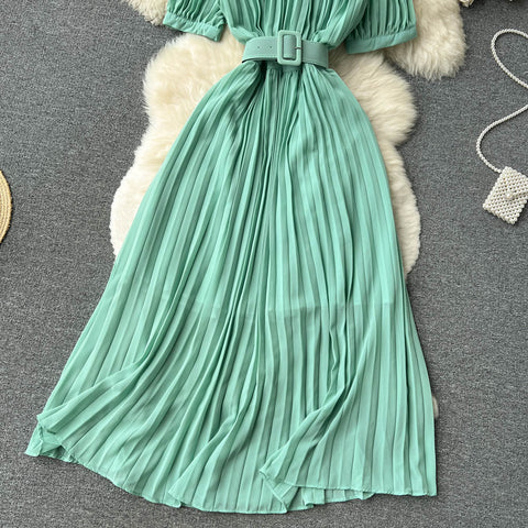 High Waist Tied Chiffon Pleated Dress