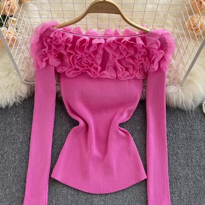 Off-the-shoulder 3d Floral Knitted Top